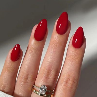 Red Press on Nails Summer Medium Almond Fake Nails Solid Red Color False Nails Reusable Glossy Artificial Acrylic Nails Summer Nails for Women Girls Daily Wear Manicure 24pcs