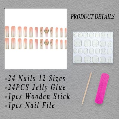 ROFIBUT Gold Glitter Press on Nails Long Square Fake Nails Glossy Ombre Acrylic False Nails with 3D Butterfly Designs Bling Gold Glitter Coffin Glue on Nails Reusable Stick on Nails for Women 24Pcs