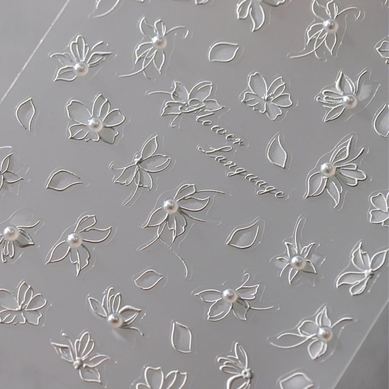 5D Embossed White Flower Nail Art Stickers Pearl Flower Nails Stickers Self-adhsive Nail Decals Retro Floral Nail Design for Women Girls Nail Accessories