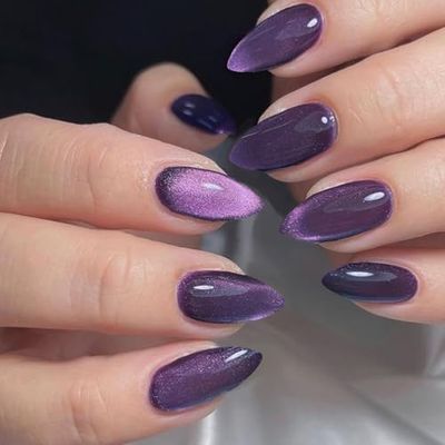 GLAMERMAID Dark Purple Magnet Cat Eyes Press on Nails Short Almond, Black Aurora Handmade Jelly Gel Fake Nail Kit, Ombre Glitter Magnetic Glue on Nail Stiletto, Medium Oval Stick on False Nail Women