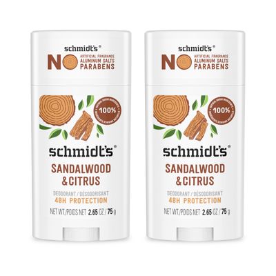 Schmidts Aluminum-Free Vegan Deodorant Sandalwood &amp; Citrus 2 Count for Women and Men, with 24 Hour Odor Protection, Natural Ingredients, Cruelty-Free, 2.65 oz