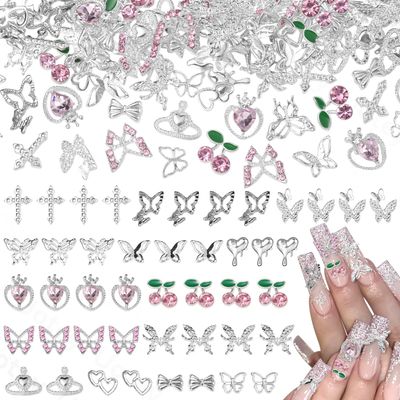Uotey 70 Pcs Silver Butterfly Nail Charm, Multi Styles 3D Butterfly Nail Charms and Gems Cherry Nails Charms, Y2K Cross Crown Alloy Charm for Acrylic Nails Art DIY Accessories