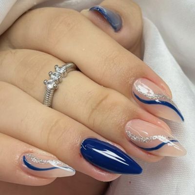 Navy Blue Press on Nails Almond Fake Nails with Designs Glossy Silver False Nails Glitter Artificial Glue on Nails Medium Length Stick on Nails Swirl Nude Nails Press on Acrylic Nails for Women 24 Pcs