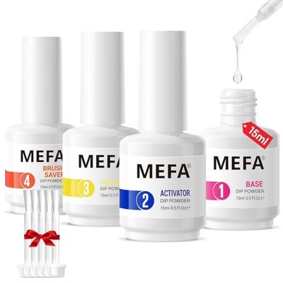 MEFA Dip Powder Liquid Set Base, Top Coat, Activator, Brush Saver 15 ml 0.5 Oz 4 Pcs with 5 Replacement Liquid Brushes for Dipping Powder Nail Kit No Nail Lamp Needed