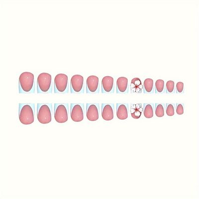 Summer Press on Nails Short Square Fake Nails Blue French Tip Press ones False Nails with 3D Flower designs Charm Acrylic Nails Glossy Glue on Nails for Women Girls Vacation Stick on Nails 24pcs