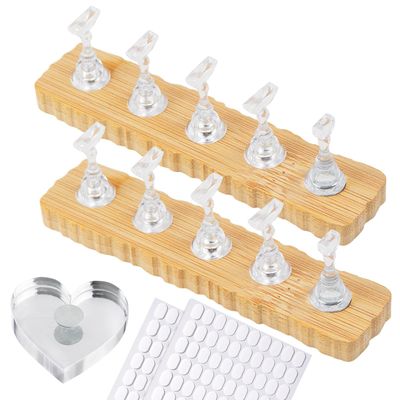 ESUOHYM Wooden Stand for Nails Art Display Practice 2 Set, 1 Heart Shaped Acrylic Magnetic Nail Stand, Fake Nail Holder with 200 Pieces Double-sided Tape, For Home DIY Salon Supplies (Wood, Medium)