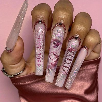 QQPPOLIU Long Press on Nails for Womoen Square Shape Nude Fake Nails with Rhinestones Design False Nails Glitter Press on Nails Extra Long Nails Money Patterns Full Cover XL Acrylic Nails 24 Pcs