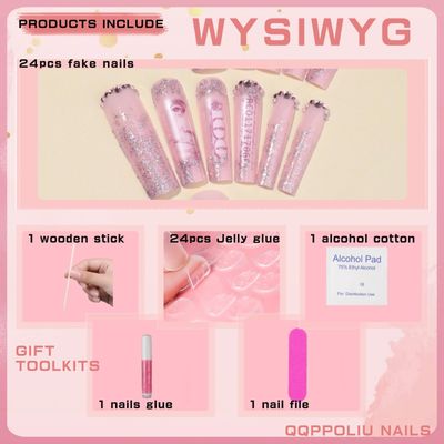 QQPPOLIU Long Press on Nails for Womoen Square Shape Nude Fake Nails with Rhinestones Design False Nails Glitter Press on Nails Extra Long Nails Money Patterns Full Cover XL Acrylic Nails 24 Pcs