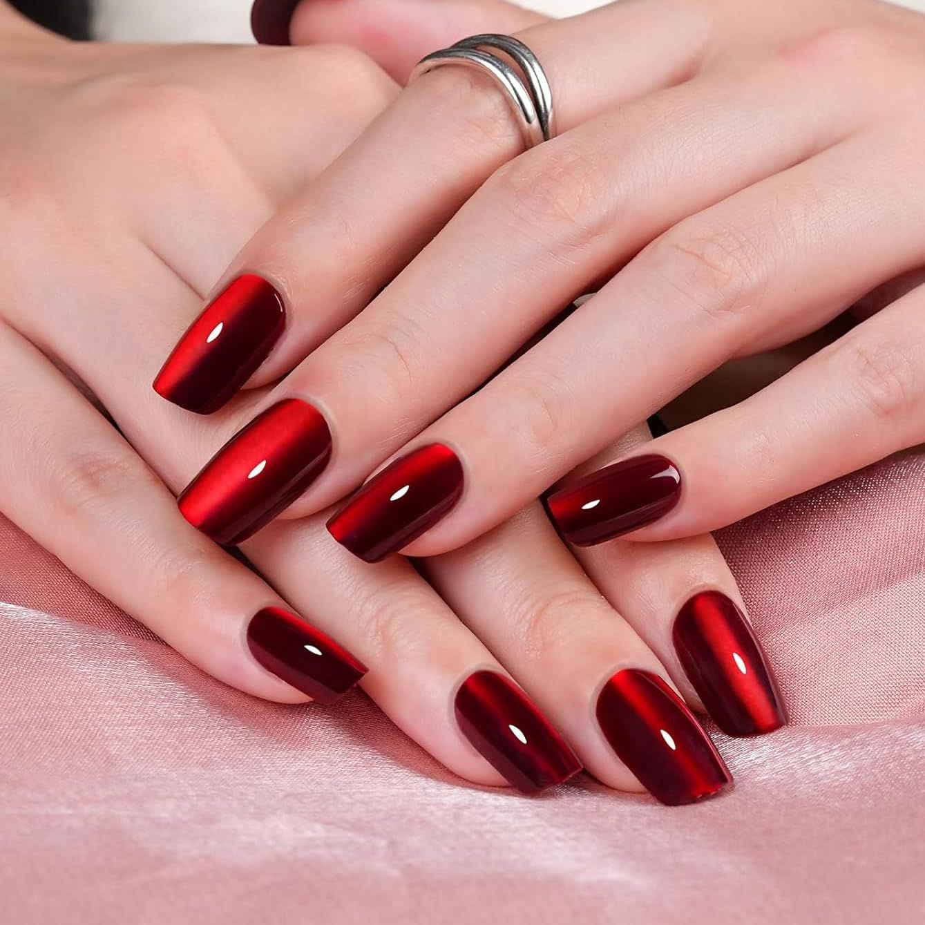 Frinail Cat Eye Press On Nails for Women - 30Pcs 15 Sizes Medium Square Fake Nails Kit, Red Glitter Glue On Nails, Artificial Nails with Glue for Narrow Short Wide Flat Nail Beds