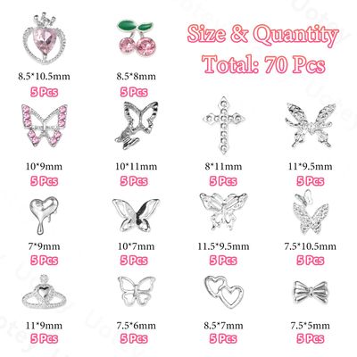 Uotey 70 Pcs Silver Butterfly Nail Charm, Multi Styles 3D Butterfly Nail Charms and Gems Cherry Nails Charms, Y2K Cross Crown Alloy Charm for Acrylic Nails Art DIY Accessories