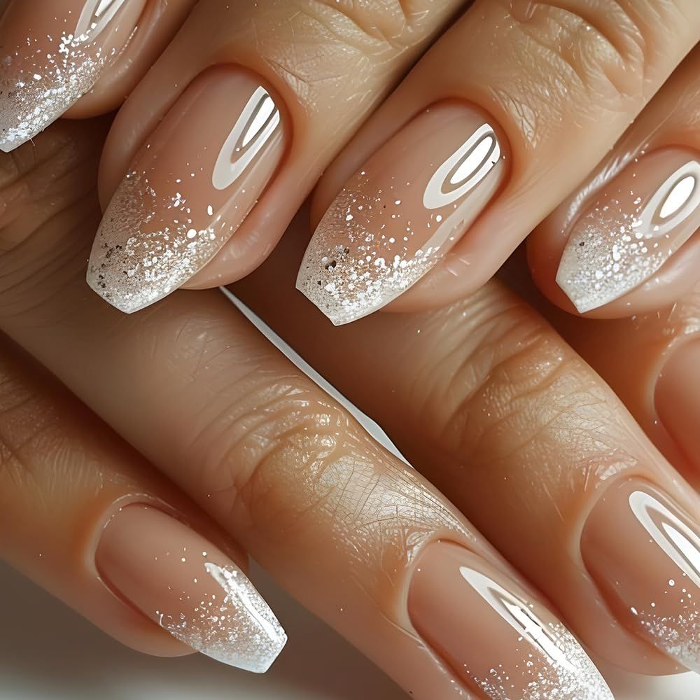 Ombre Press on Nails Short Coffin Fake Nails Nude Acrylic Nails Glitter Glue on Nails Medium Gradation False Nails Press on Glossy Nature Stick on Nails for Women Girls Manicure 24Pcs