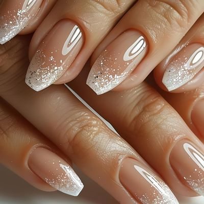 Ombre Press on Nails Short Coffin Fake Nails Nude Acrylic Nails Glitter Glue on Nails Medium Gradation False Nails Press on Glossy Nature Stick on Nails for Women Girls Manicure 24Pcs
