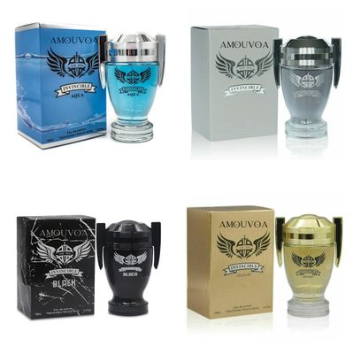 AMOUVOA Invincible 4-Pc Set Cologne for Men Classic Collection Bottles, Eau de Parfum Natural Spray - Fresh Aqua Scent - Gift for Holiday (Pack of 4) Each 3.4 Fl Oz, Total 13.60 Oz