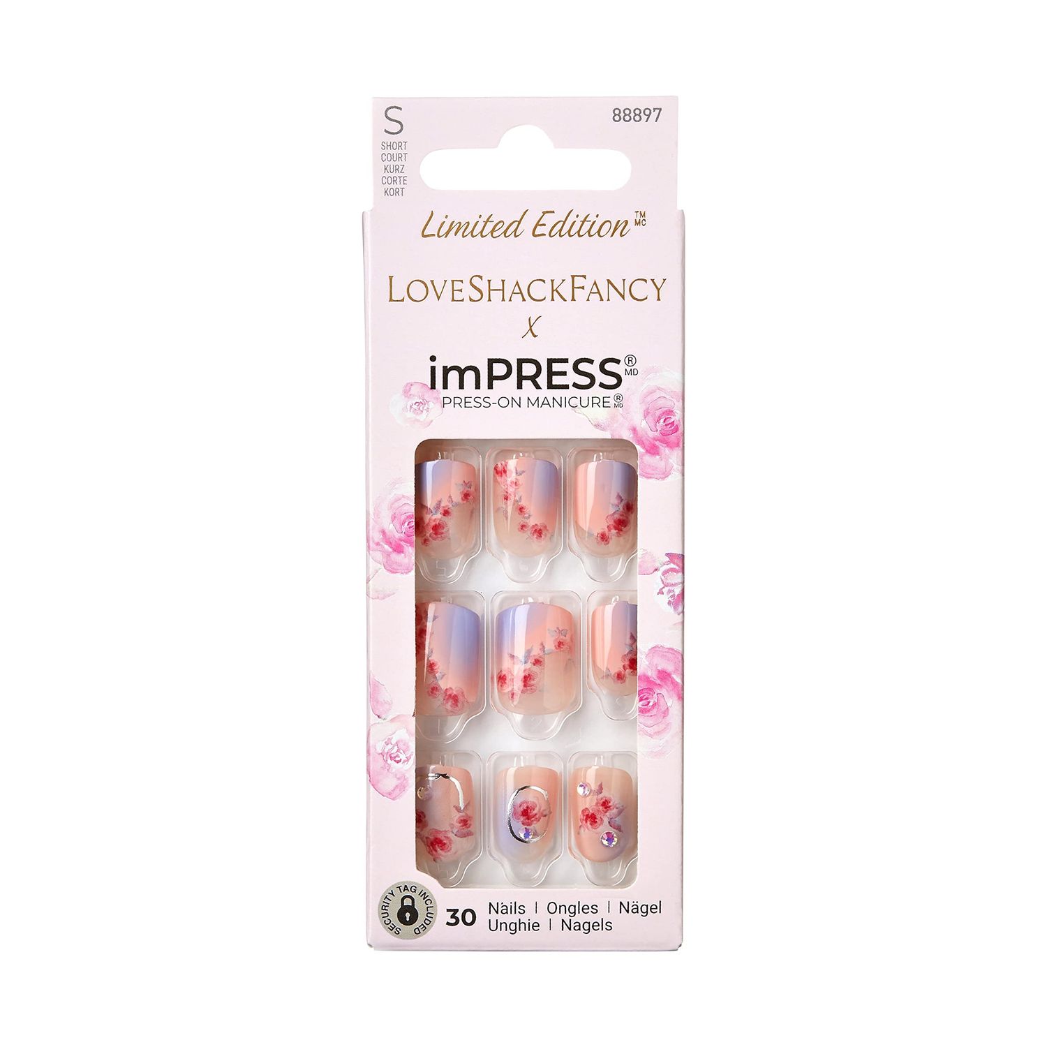 KISS LoveShackFancy x imPRESS Press-On Manicure Limited Edition, Style Sunkissed Peach Short Square Pink Press-On Nails, Includes Prep Pad, Mini Nail File, Cuticle Stick, &amp; 30 Fake Nails