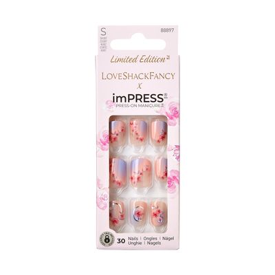 KISS LoveShackFancy x imPRESS Press-On Manicure Limited Edition, Style Sunkissed Peach Short Square Pink Press-On Nails, Includes Prep Pad, Mini Nail File, Cuticle Stick, &amp; 30 Fake Nails