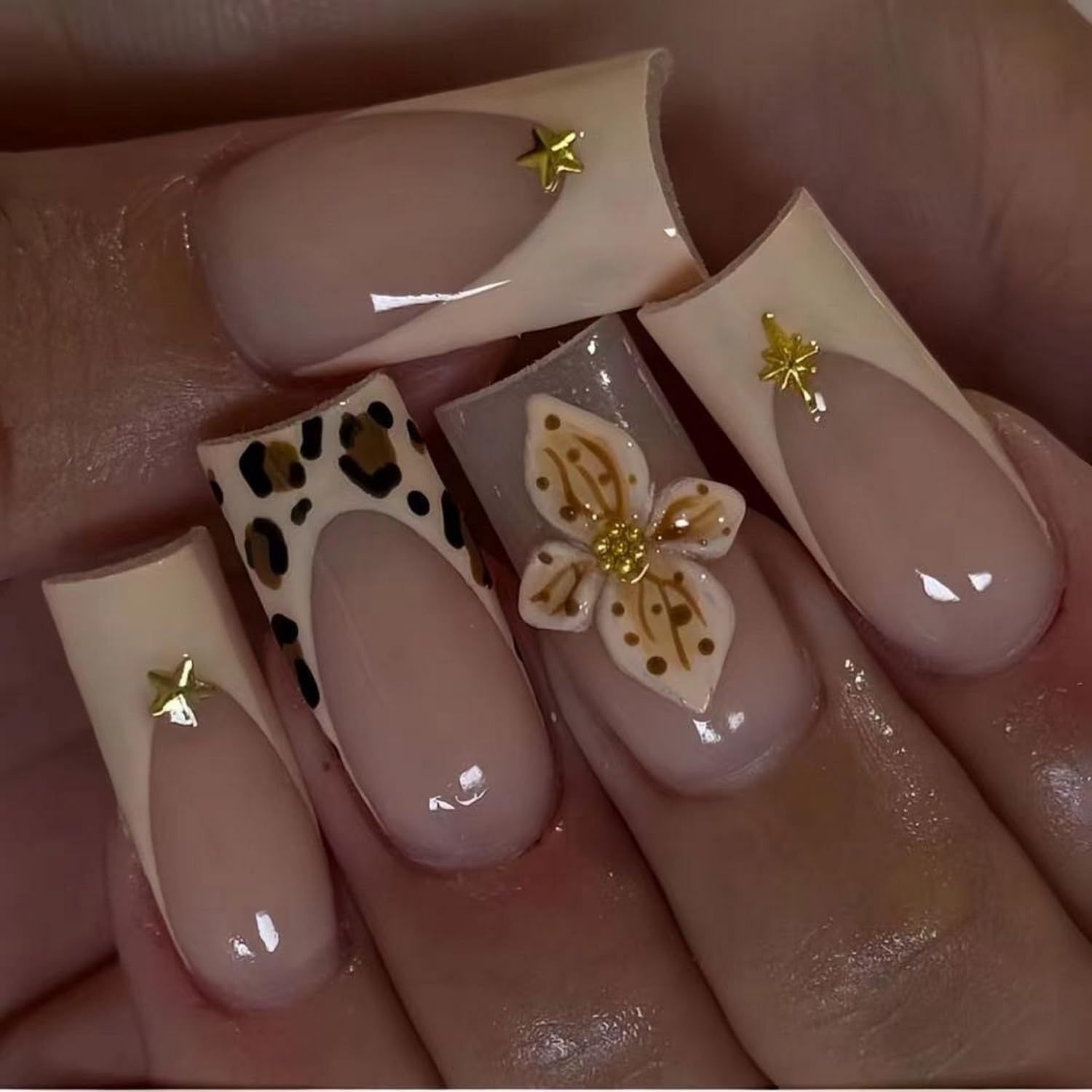 Leopard Print French Tip Press on Nails Medium Square Shaped False Nails with 3D Flower and Stars Designs Spring Floral Fake Nails Embossed Acrylic Nails Full Cover Stick on Nails for Women 24 Pcs