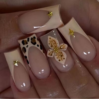 Leopard Print French Tip Press on Nails Medium Square Shaped False Nails with 3D Flower and Stars Designs Spring Floral Fake Nails Embossed Acrylic Nails Full Cover Stick on Nails for Women 24 Pcs