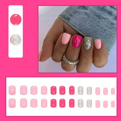 24 Pcs Pink Press on Nails Short Square - YIHONGYAN Spring Fake Nails Press ons Nails Acrylic Nail Kit Full Cover False Nails with Sequins Glossy Glue on Nails Art Stick on Nails for Women Manicure