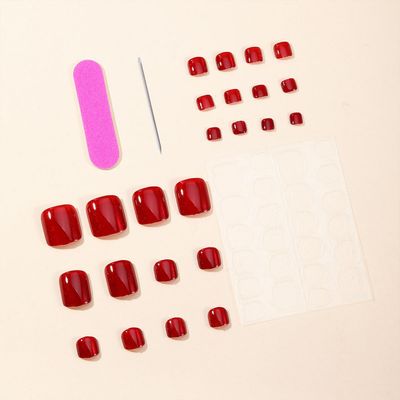 Tyuimhx Wine Red Cat Eye Press on Toenails Square Fake Toe Nail Solid Red False Toenails With Glitter Designs Glossy Stick on Acrylic Artificial Toenails for Women 24Pcs