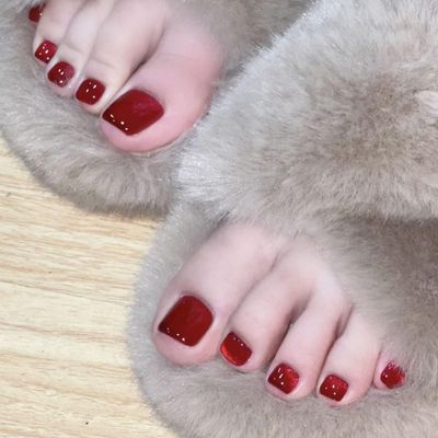 Tyuimhx Wine Red Cat Eye Press on Toenails Square Fake Toe Nail Solid Red False Toenails With Glitter Designs Glossy Stick on Acrylic Artificial Toenails for Women 24Pcs
