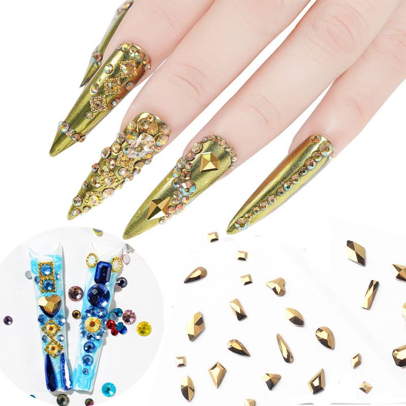735 Gold Nail Rhinestones - AB Crystals for Acrylic Nails, 3D Art Decoration &amp; DIY Crafts