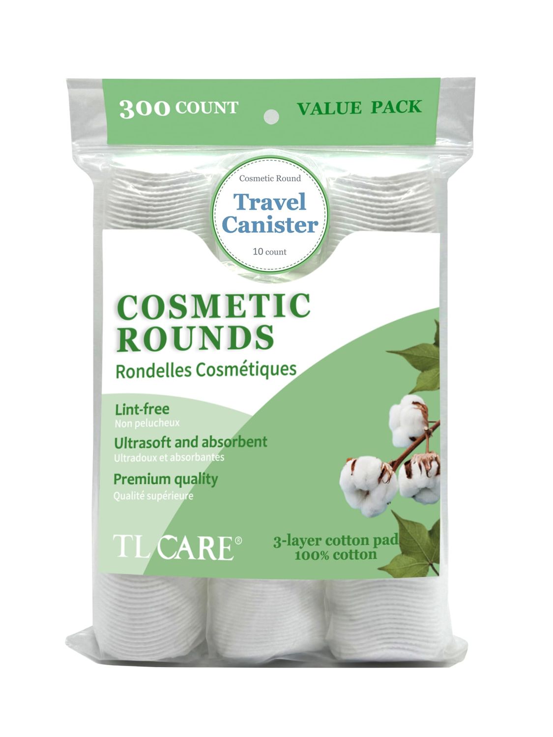 TL Care Cotton Rounds (300 Count) with Travel Canister - Lint-Free, Ultra Soft &amp; Absorbent 3-Layer Cotton Pads for Face and Makeup Removal