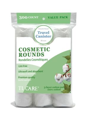 TL Care Cotton Rounds (300 Count) with Travel Canister - Lint-Free, Ultra Soft &amp; Absorbent 3-Layer Cotton Pads for Face and Makeup Removal