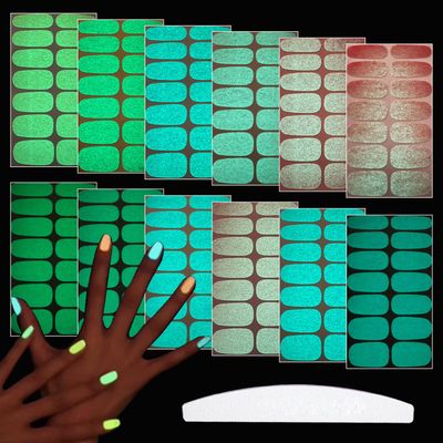 WOKOTO 12 Sheets Luminous Solid Nail Polish Strips with File - Self-Adhesive Glow in Dark Gel Strips, Stick On Stickers, Full Wraps for Women Art