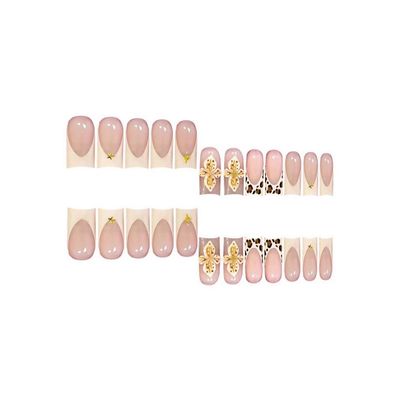 Leopard Print French Tip Press on Nails Medium Square Shaped False Nails with 3D Flower and Stars Designs Spring Floral Fake Nails Embossed Acrylic Nails Full Cover Stick on Nails for Women 24 Pcs