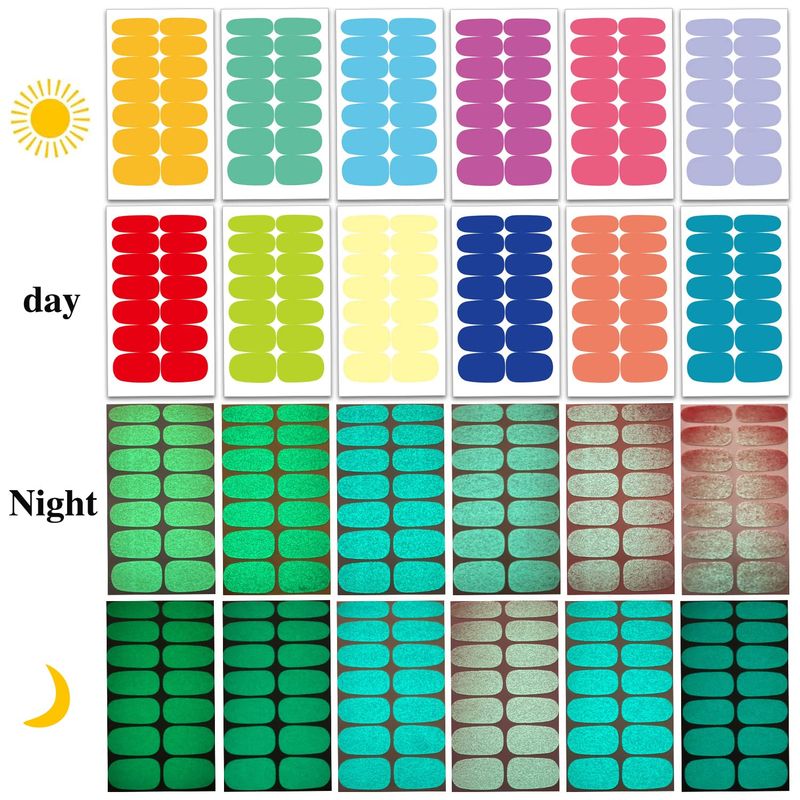 WOKOTO 12 Sheets Luminous Solid Nail Polish Strips with File - Self-Adhesive Glow in Dark Gel Strips, Stick On Stickers, Full Wraps for Women Art