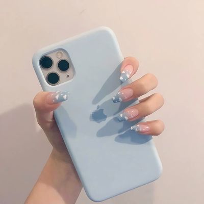 IMSOHOT Coffin Press on Nails Medium Blue Gradient Fake Nails Glossy Sky Cloud False Nails with Designs Cute Glue on Nails Full Cover Spring Cute Acrylic Ballerina Nails