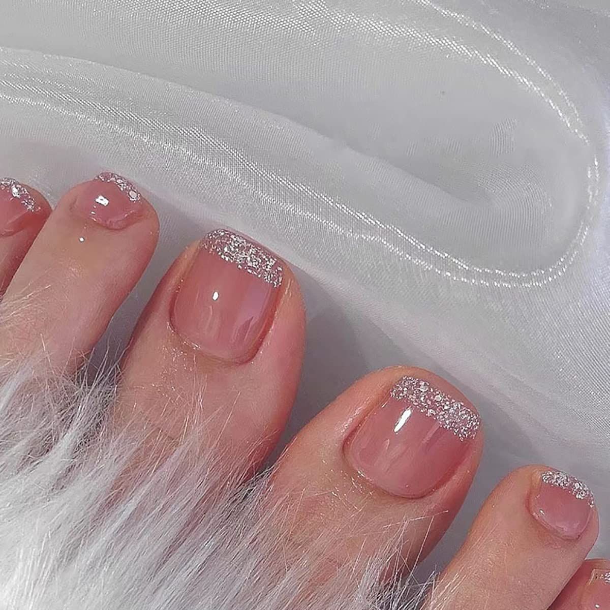 Pink Press On French Toenails With Glitter Rhinestone - Square Acrylic False Toe Nails - Artificial Stick On Foot Fake Nail for Women