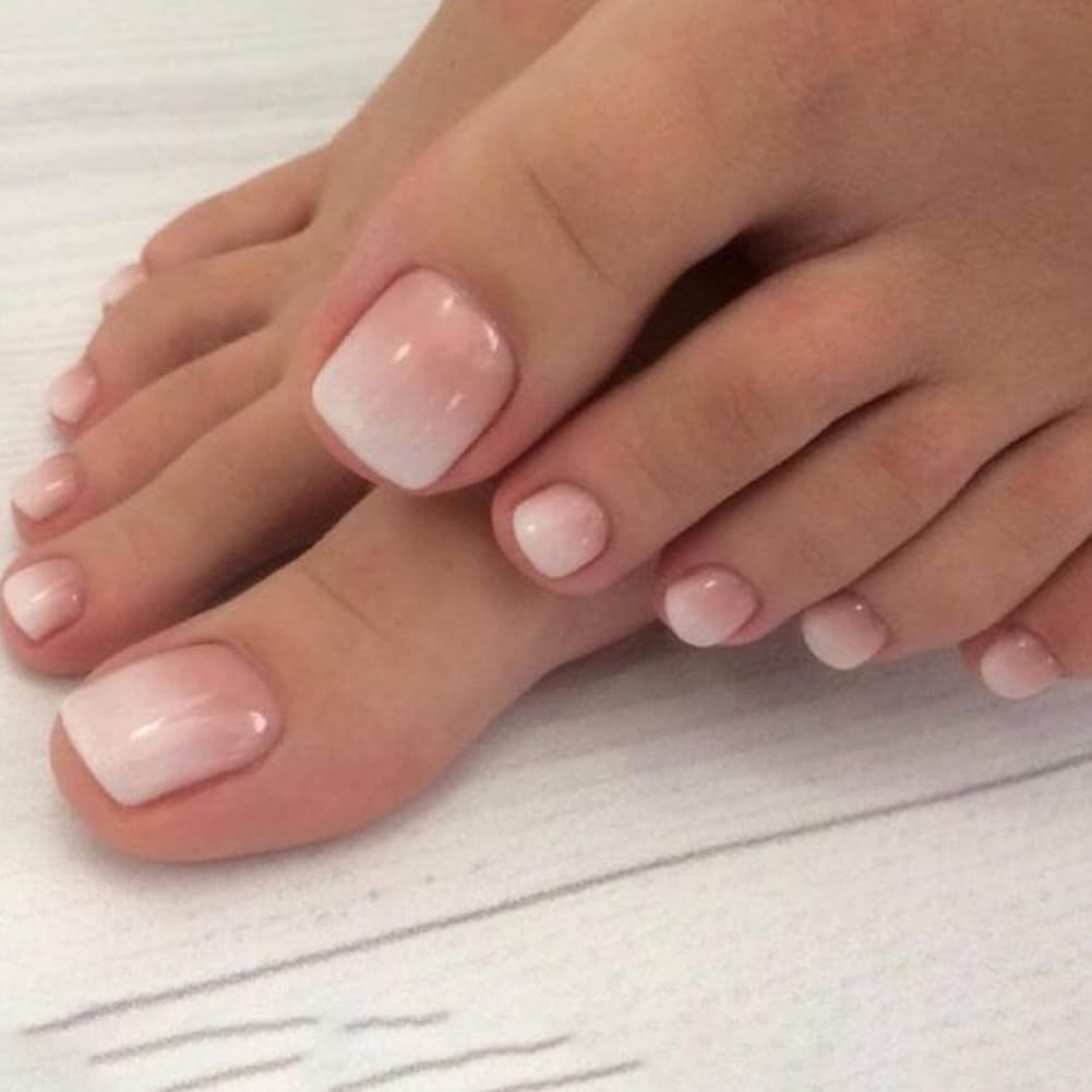 Hrnsnails Short Square Press On Toenails Glossy Fake Toe Nails with White Ombre Toenail Press Ons Design, Artificial Press on Toenails For Women