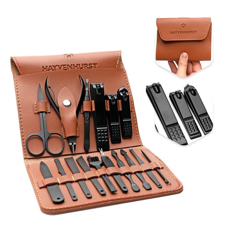 Nail Kit - Nail Clipper Set - Manicure Set -16 Stainless Steel Pieces Manicure Kit For Mens - Pedicure Kit For Men - Mens Grooming Kit With Brown Leather portable Case by Hayvenhurst