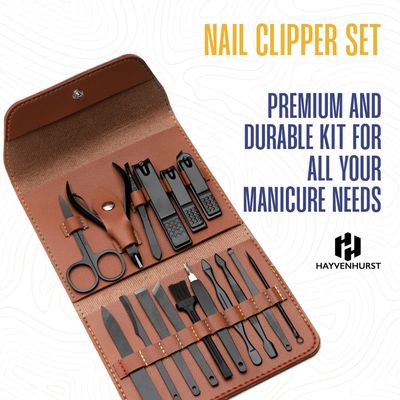 Nail Kit - Nail Clipper Set - Manicure Set -16 Stainless Steel Pieces Manicure Kit For Mens - Pedicure Kit For Men - Mens Grooming Kit With Brown Leather portable Case by Hayvenhurst