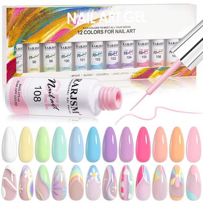 RARJSM Nail Art Gel Liner Painting Polish Set,12 Pastel Colors Spring Summer Collection,Painted Gel Nail Polish Set Build in Thin Brush Soak Off Curing Requires Salon DIY Nail Design Line Art Gel 8ML