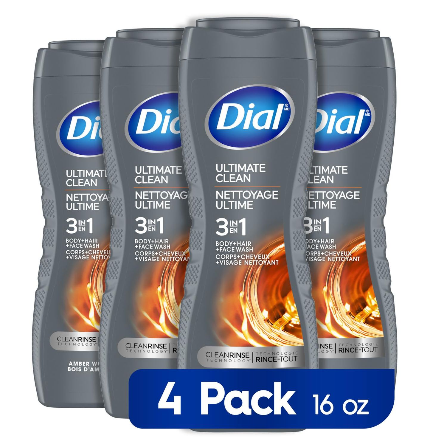 Dial Men 3in1 Body, Hair and Face Wash, Ultimate Clean, Amber Woods Scent, 16 fl oz, Pack of 4