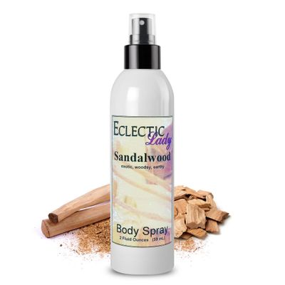 Eclectic Lady Sandalwood Body Spray, 2 ounces, Body Mist for Women with Clean, Light &amp; Gentle Fragrance, Cologne with Soft, Subtle Aroma For Daily Use