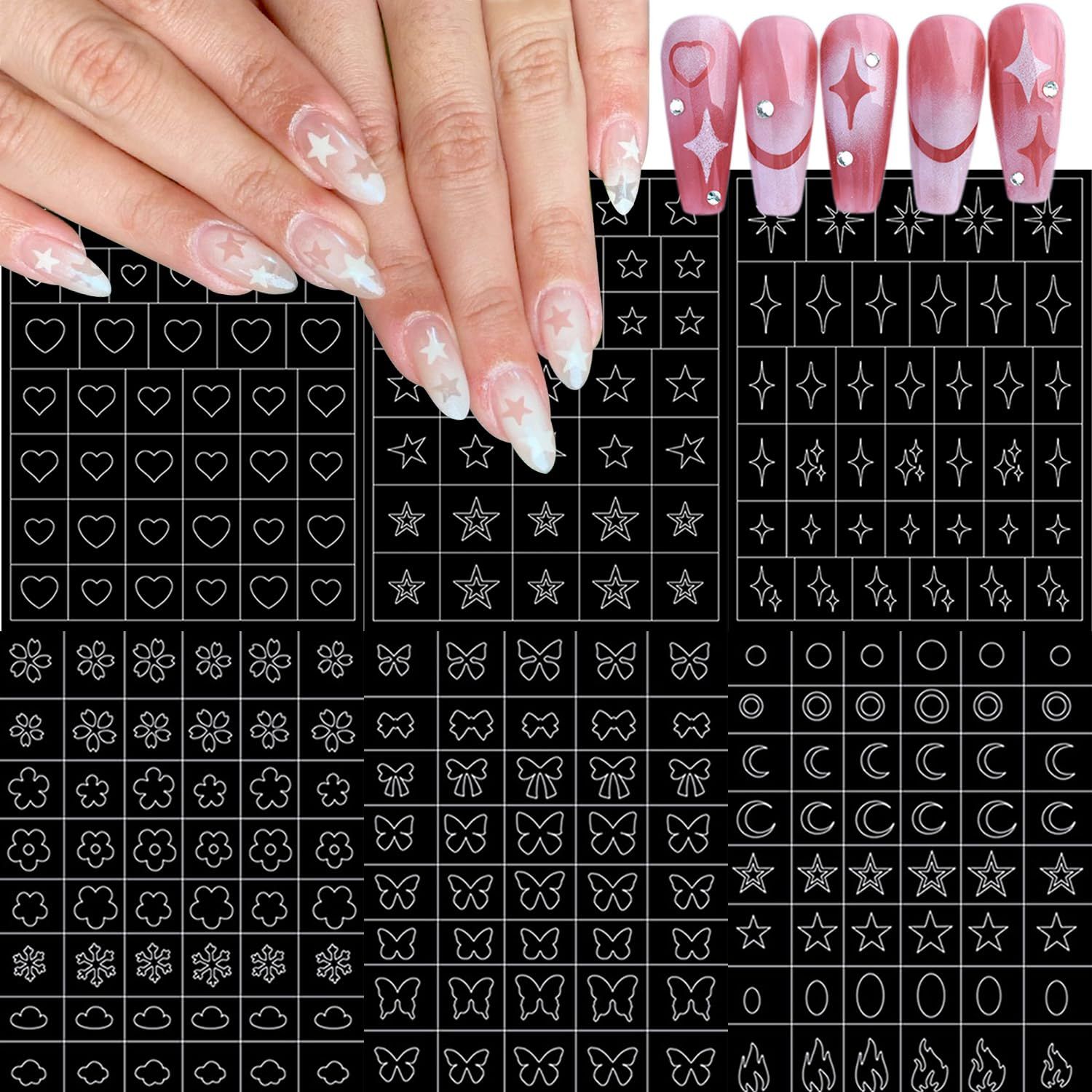 6 Sheets Airbrush Stencils - Butterfly Bow Star Flower Flame Nail Art Stickers, French Hollow Nail Guides Decals Designs for Women Manicure DIY Tools Set