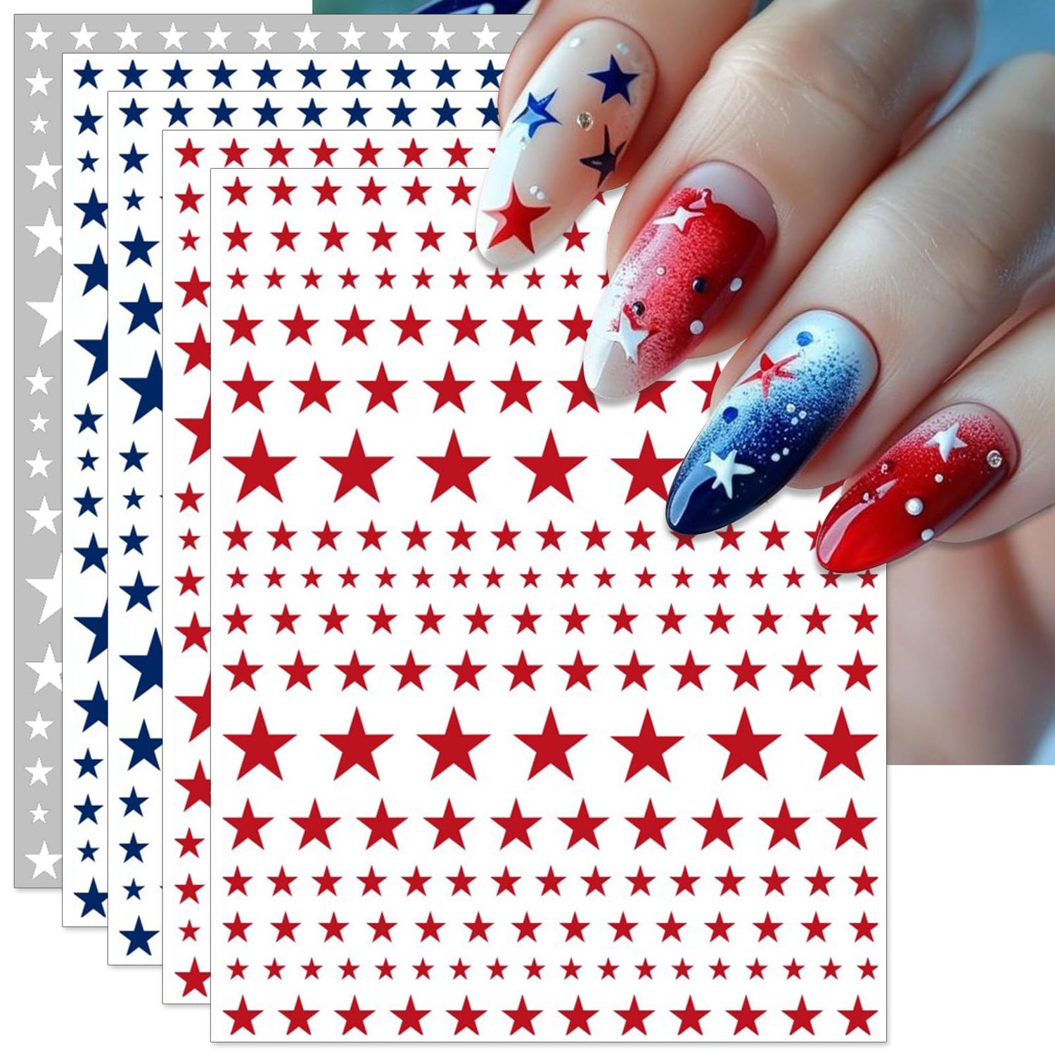 IDDFEVE Independence Day Nail Stickers, Red Blue White Star for Independence Day Patriotic Nail Decals, 3D Design Self-Adhesive USA Flag Star Nail Art (6 Sheets)