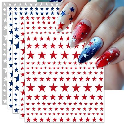 IDDFEVE Independence Day Nail Stickers, Red Blue White Star for Independence Day Patriotic Nail Decals, 3D Design Self-Adhesive USA Flag Star Nail Art (6 Sheets)