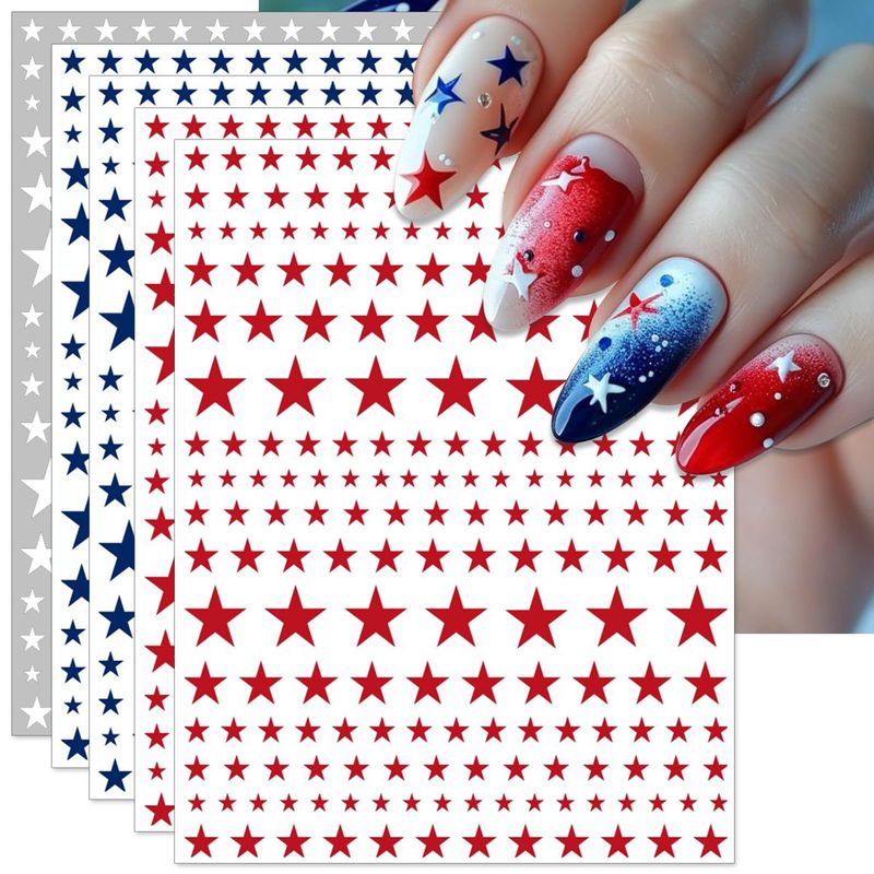 IDDFEVE Independence Day Nail Stickers, Red Blue White Star for Independence Day Patriotic Nail Decals, 3D Design Self-Adhesive USA Flag Star Nail Art (6 Sheets)