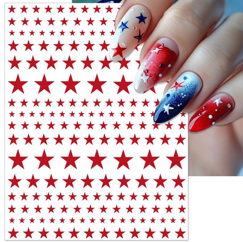 IDDFEVE Independence Day Nail Stickers, Red Blue White Star for Independence Day Patriotic Nail Decals, 3D Design Self-Adhesive USA Flag Star Nail Art (6 Sheets)