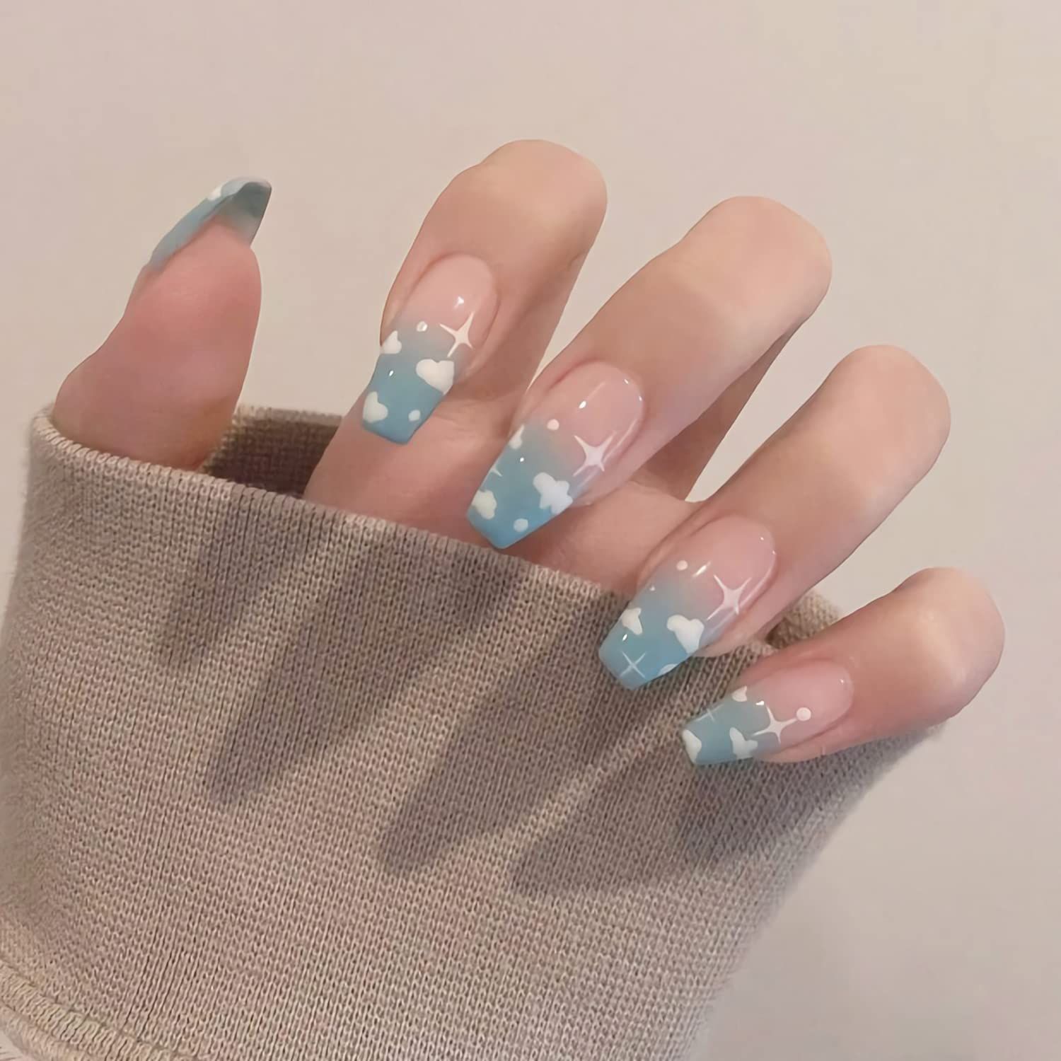IMSOHOT Coffin Press on Nails Medium Blue Gradient Fake Nails Glossy Sky Cloud False Nails with Designs Cute Glue on Nails Full Cover Spring Cute Acrylic Ballerina Nails