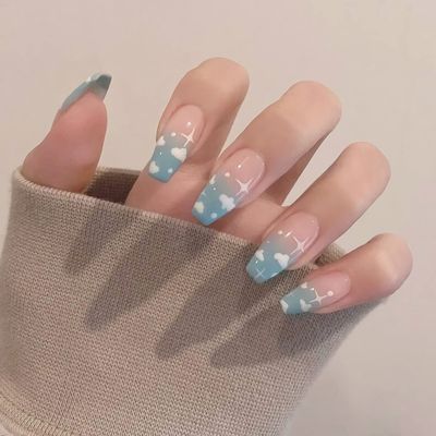 IMSOHOT Coffin Press on Nails Medium Blue Gradient Fake Nails Glossy Sky Cloud False Nails with Designs Cute Glue on Nails Full Cover Spring Cute Acrylic Ballerina Nails