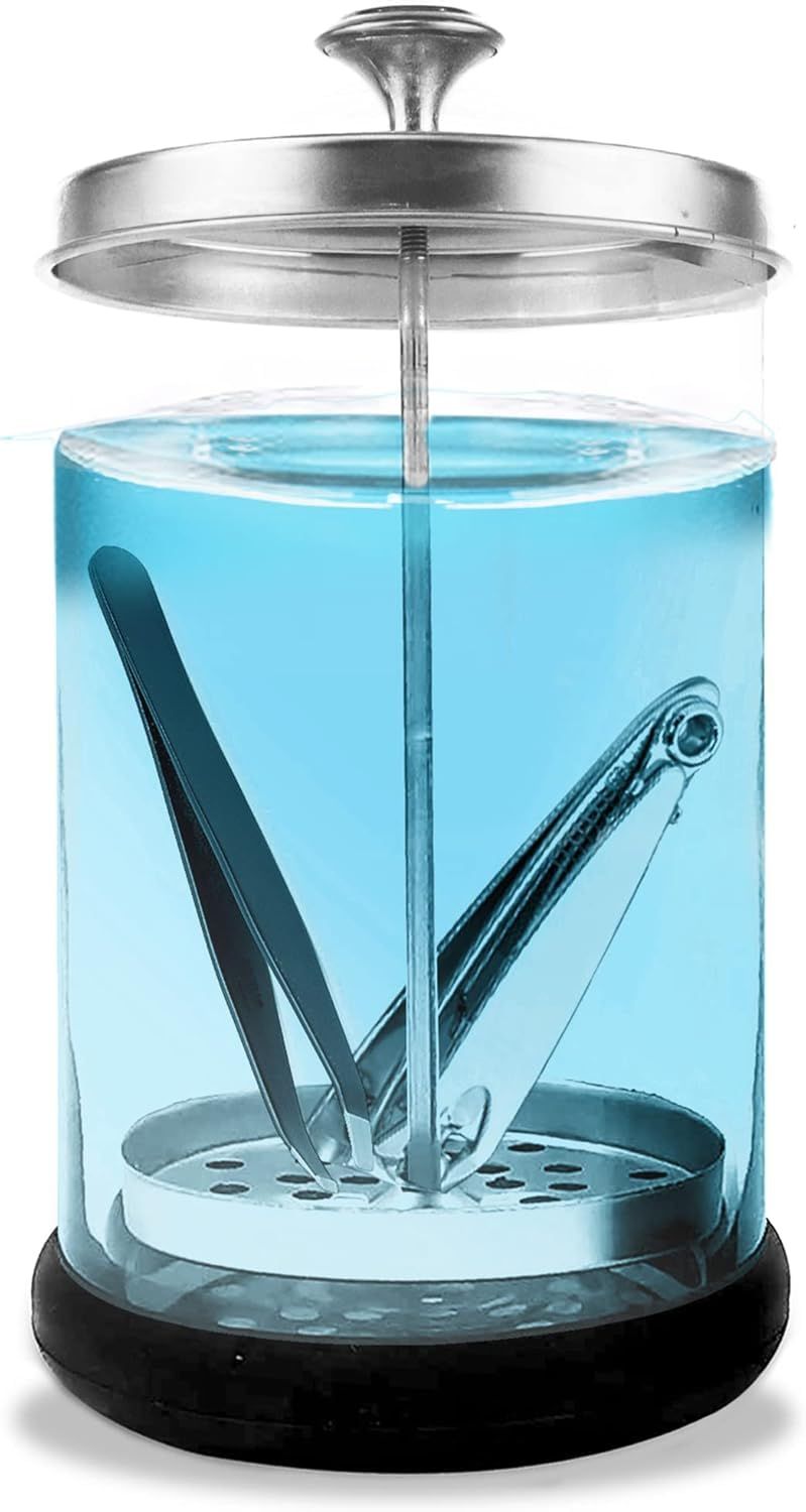 JJ CARE Disinfectant Jar (21oz) - Barber Disinfectant Jar Glass, Sanitizer Container w/Stainless Steel Removable Strainer &amp; Cap for Manicure, Salon, Spa and Barber Tools - Silver Lid