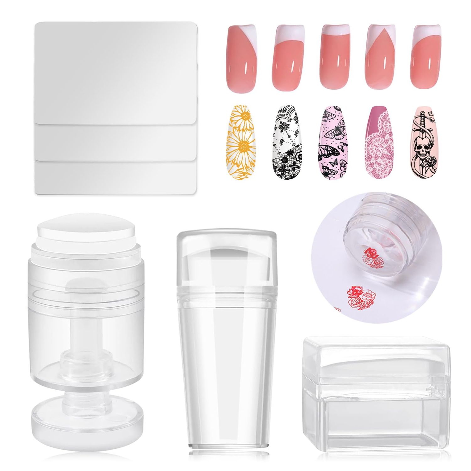 ESUOHYM 6PCS French Tip Nail Stamp Art Kit Clear Silicone Nail Jelly Stamper With Scrapers Polish French Manicure Stamping Set For Women Diy Artists Salon