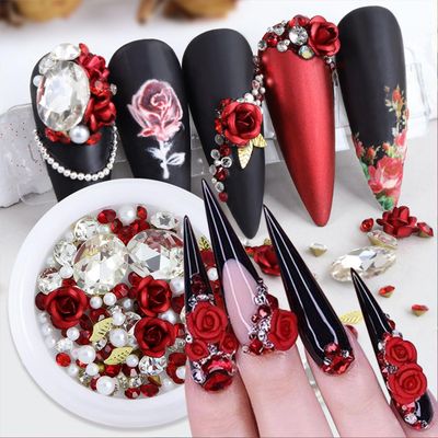 2 Boxes Flower Nail Charms 3D Rose Metal Aluminum Flower Nail Rhinestones Shiny Nail Gems Diamonds Pink Red Rose Nail Art Charms Pearl Nail Jewelry for Acrylic Nails DIY Valentines Nail Decoration