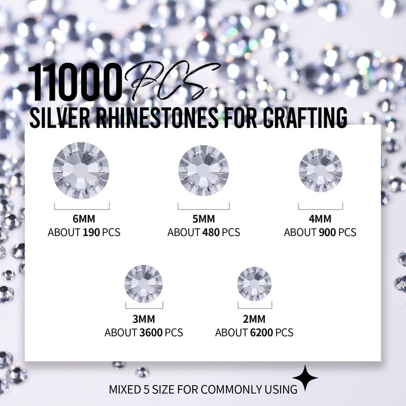 FANDAMEI 25400 PCS Resin Rhinestones, 3mm Mixed Color &amp; Silver Rhinestone Kit, Non-Hotfix Gems For Crafting, Flatback Rhinestones For Crafting, Rhinestone For Nails, 2/3/4/5/6mm