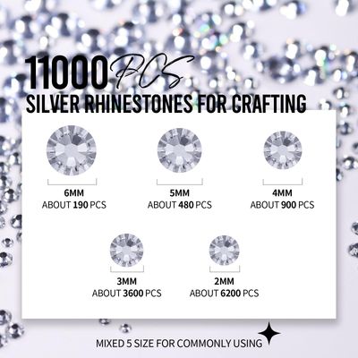 FANDAMEI 25400 PCS Resin Rhinestones, 3mm Mixed Color &amp; Silver Rhinestone Kit, Non-Hotfix Gems For Crafting, Flatback Rhinestones For Crafting, Rhinestone For Nails, 2/3/4/5/6mm